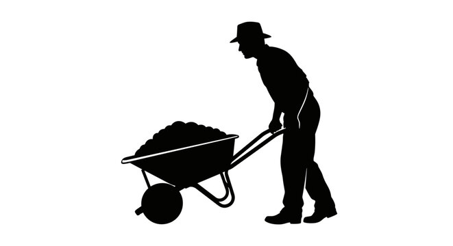 Man pushing a wheelbarrow filled.