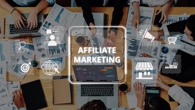 A diverse team engages in affiliate marketing strategy development, utilizing laptops and charts, fostering collaboration and innovation in a modern workspace. Raster