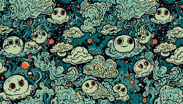 Psychedelic doodle pattern with cute monster clouds, trippy cartoon characters in surreal sky, whimsical hand-drawn vector background for textile design