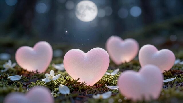 Glowing Pink Hearts in a Magical Moonlit Forest