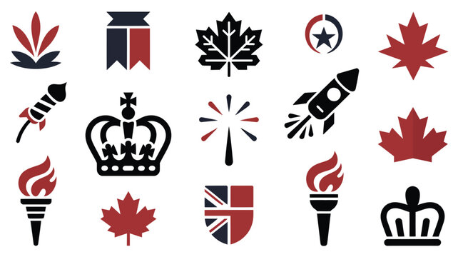 Vector illustration showcasing national symbols and icons of canada and the uk including flags crowns and maple leaves on white background
