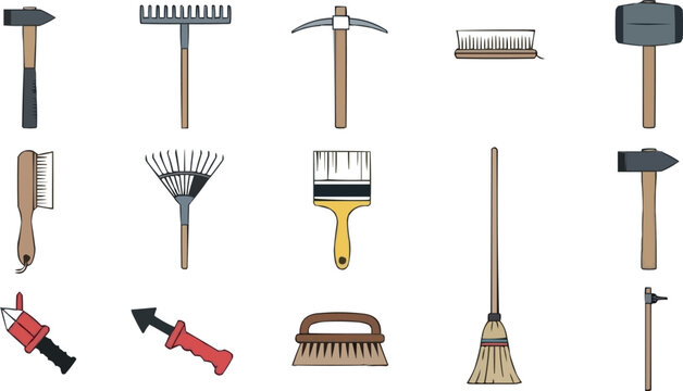 Hand drawn gardening and construction tool collection with rake hammer broom brush isolated vector illustration set