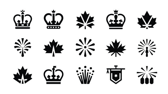 Vector illustration of canadian symbols and icons crowns maple leaves fireworks on white background