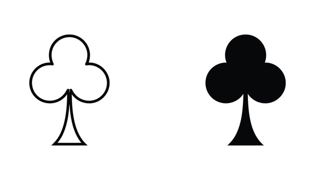 Club playing card suit icon set featuring standard shape in outline and solid black vector graphic styles for casino and gaming design projects