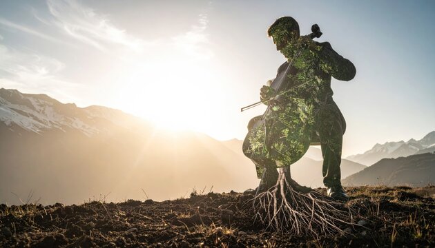 A cello player merges with nature, with roots and foliage in a mountainscape