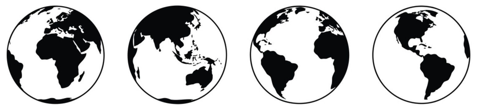 Earth globe icon set showing hemispherical world map with continents in globe shape for international network, geography, and global design visuals.