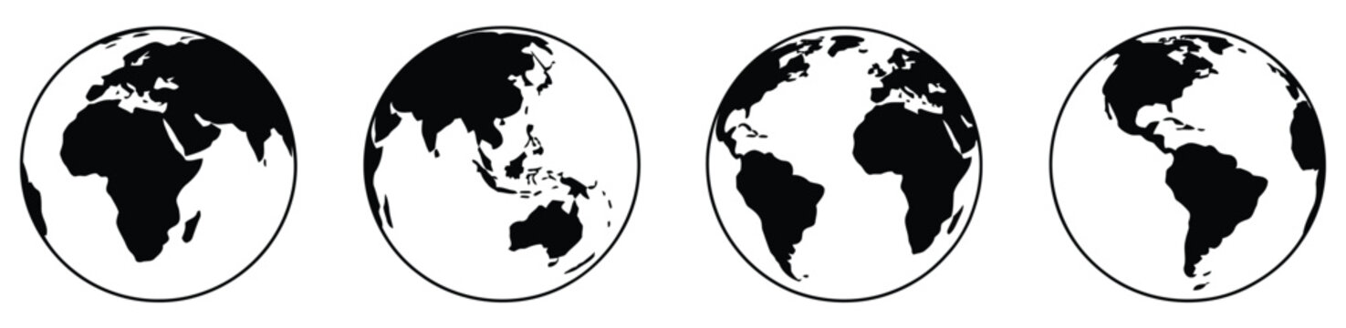 Earth globe icon set featuring world map hemispheres with continents in globe shape for geography, global communication, and modern vector design concepts.