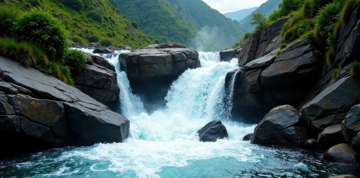 Powerful Haew Narok cascade tumbling over rocks, natural, environment