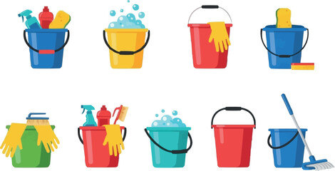 Cleaning bucket collection with household sanitation supplies gloves sponges and washing equipment illustrations © Rumi