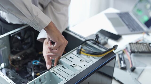 Asian man using screwdriver maintenance computer
