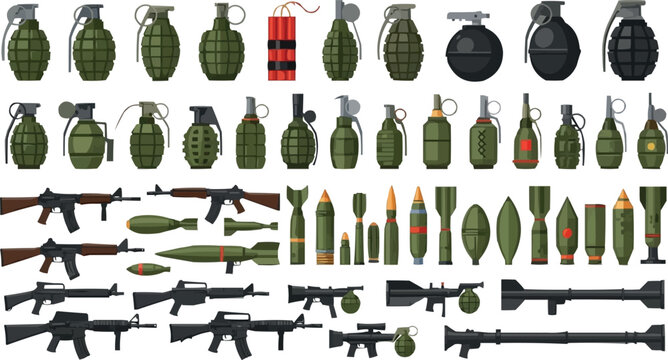 Collection of Military Weapons and Explosives Vector Icons Including Grenades, Rifles, Rockets, Missiles, and Ammunition for Combat, Army, and Tactical Illustrations