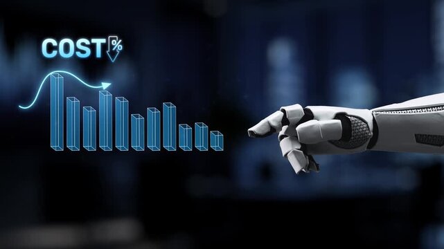 A robotic hand points at a digital financial chart, illustrating trends in cost reduction. This image represents innovation in data analysis and business strategy. Synapse