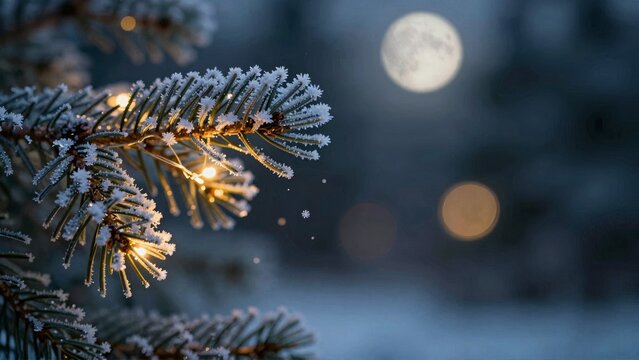 Frosted Pine Branch with Christmas Lights and Winter Bokeh