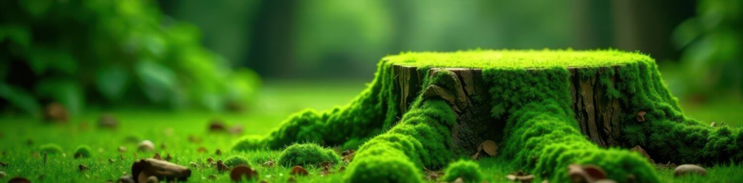 Vibrant green moss carpet covers old tree stump , outdoor, forest