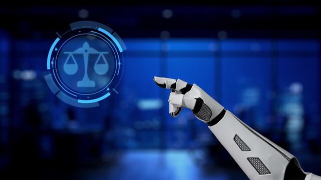 A robotic hand reaches toward digital legal scales, representing the intersection of technology and law, highlighting innovation and ethical considerations in modern justice. Synapse