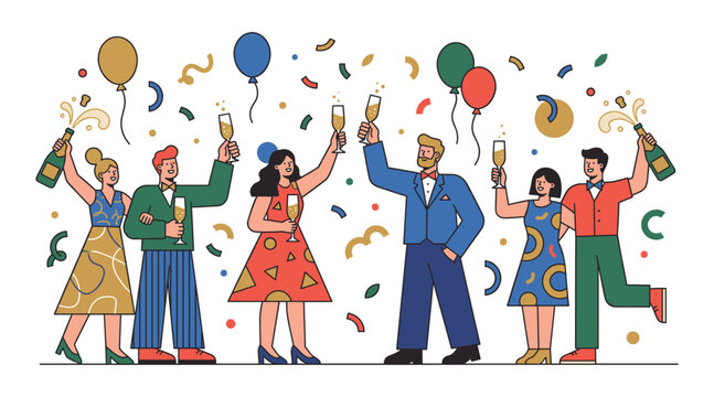 Celebration Fiesta: A vibrant illustration captures a festive gathering with people toasting champagne, surrounded by balloons, confetti, and streamers, embodying pure joy and revelry.