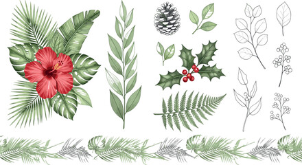 Watercolor botanical collection with tropical leaves hibiscus flower pine cone holly berry branches and foliage decorative vector set © Rubya