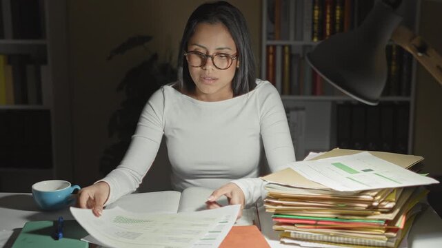 Woman holding head with hands over eyes at a study desk with piles of books, folders and papers in a building; exhaustion deadline pressure.