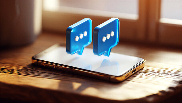 Modern smartphone with glowing blue speech bubbles displaying messaging and communication concept in natural light