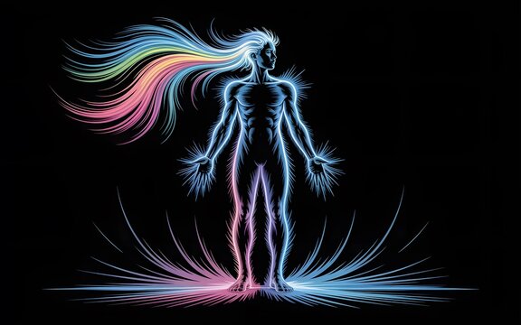 Ethereal human figure with rainbow aura and radiant energy