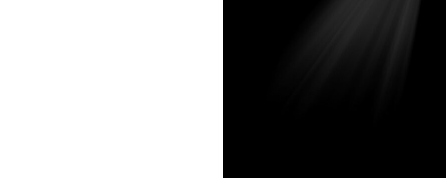 Volumetric white light rays shining down. Cinematic god rays or divine spotlight effect isolated on a transparent background