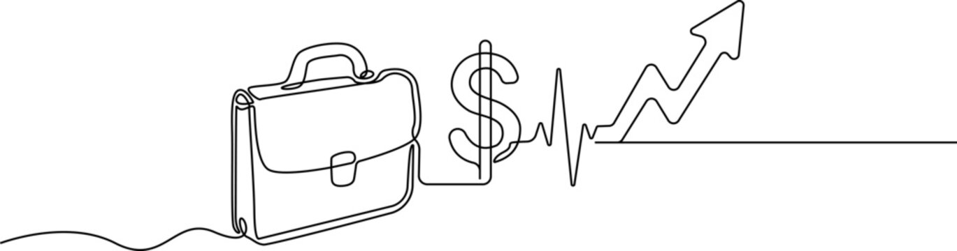 Continuous one line drawing of Business finance icons, briefcase, dollar sign, growth chart, line art