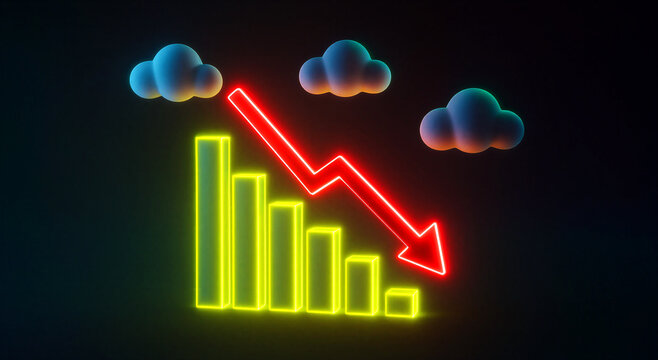 Neon glowing bar chart with downward red arrow showing financial decline and recession trend