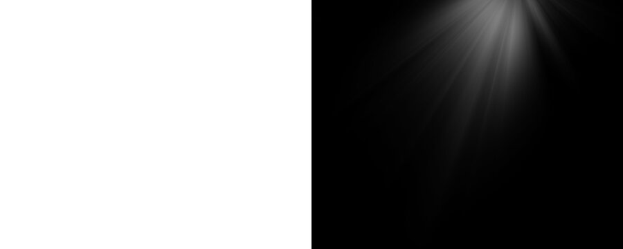 Volumetric white light rays shining down. Cinematic god rays or divine spotlight effect isolated on a transparent background