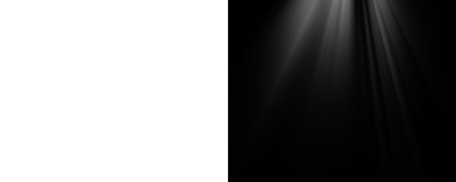 Volumetric white light rays shining down. Cinematic god rays or divine spotlight effect isolated on a transparent background
