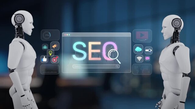 Two sleek robots contemplate search engine optimization concepts, surrounded by digital icons representing modern marketing tools and trends for business growth. Synapse