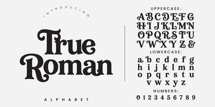True Roman elegant vintage serif alphabet font with decorative curly swash uppercase and lowercase letters