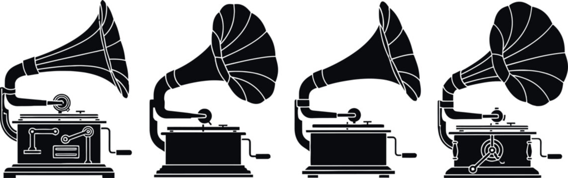 Vintage gramophone collection set featuring classic phonograph silhouettes with retro music player designs isolated on background