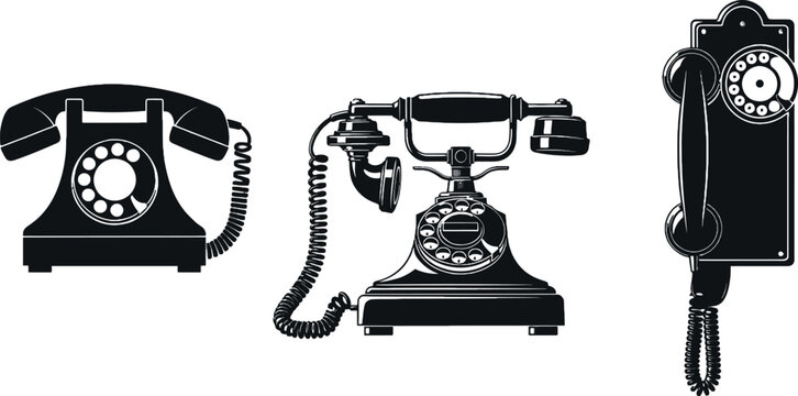 Classic rotary dial telephones vector bundle with old fashioned communication technology icons in vintage style illustration