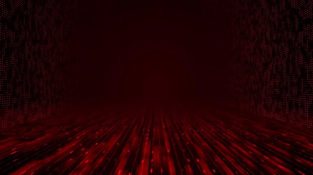 Red digital tunnel grid background glowing floor lines, dot walls, dark perspective, cyber technology depth. security data intros, hacking scenes, futuristic promos, software titles, motion overlays.