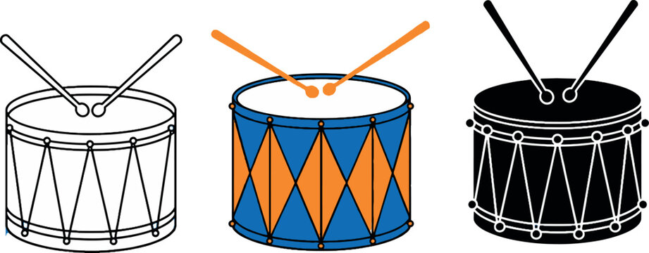 Snare drum vector icon collection featuring musical percussion instrument illustrations in outline and minimalist styles