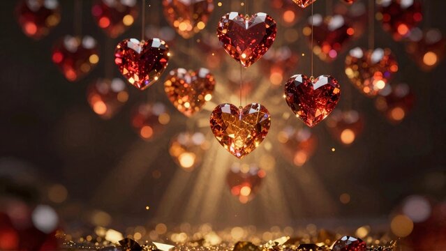 Luxury Red Crystal Hearts Floating in Cinematic Background