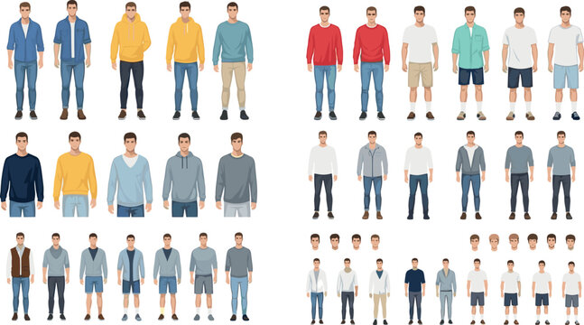 Men outfit vector illustration set, male characters wearing casual clothing in different styles, poses, and variations for fashion and character design