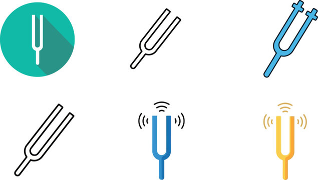 Tuning fork vector icon set featuring sound vibration symbols in flat outline and minimalist modern styles