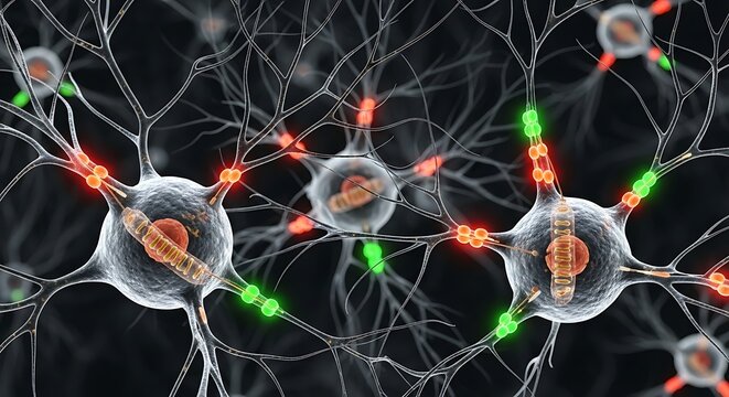 Neurons Firing Red Green Signals on Black Background