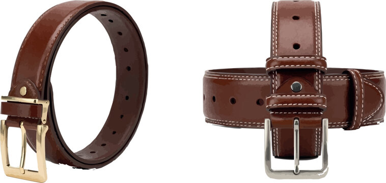 Realistic brown leather belts with metallic buckles isolated on transparent background fashion accessory vector illustration