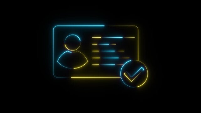 Neon Id card animation. Glowing Profile verify icon motion graphics. Animated personal information icon. NID card verify. Driver's license verified 4k video.