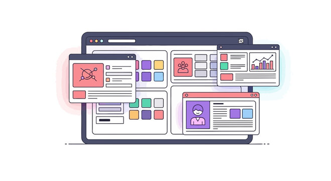 Website interface with multiple windows showing data and profiles on white background