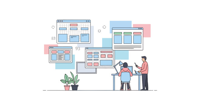 Web developers working on software interface diagrams vector illustration