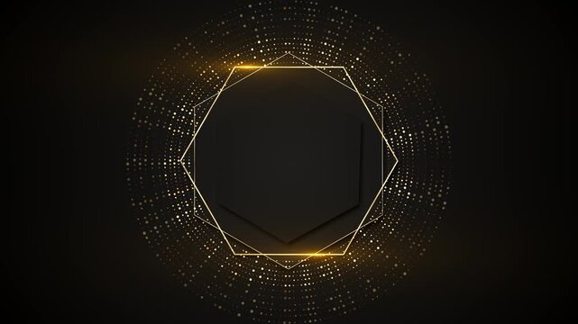 Gold geometric hexagon particle emblem circular halo, thin polygon lines, and dark luxury center. awards videos, reveals, premium titles, elegant intros, ceremony screens, and branding overlays.