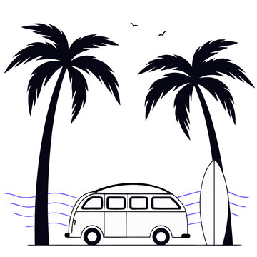 Minimalist Summer Beach Vector Illustration Line Art Camper Van Surfboard Travel Logo UI