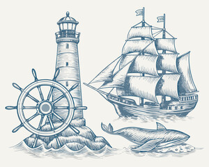 Maritime illustration with lighthouse sailing ship whale and ship wheel © ShambhuNath