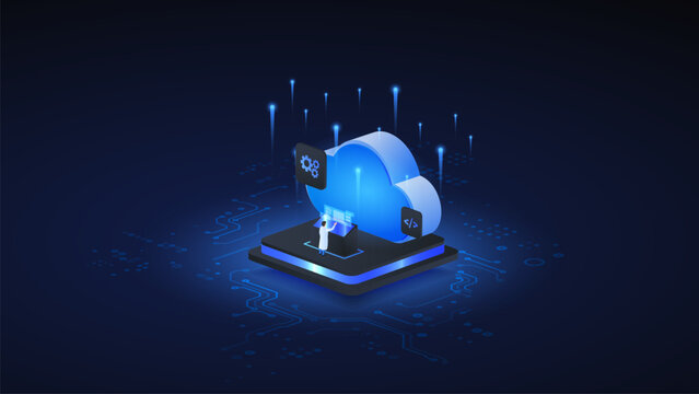 Cloud computing isometric vector illustration. cloud computing technology system concept with engineering.