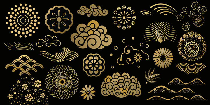 traditional japanese wave and floral patterns gold on black