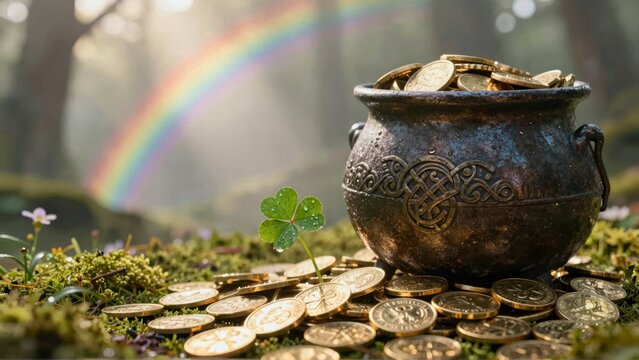 Pot of Gold and Four Leaf Clover with Rainbow in Magical Forest