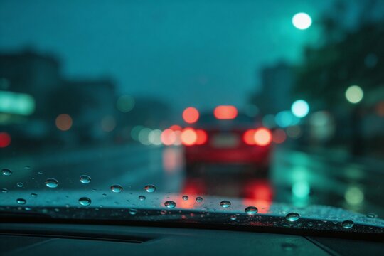 Raindrops on car windshield at night
